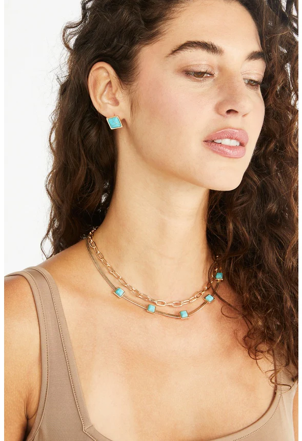 Elena Turquoise Flat Chain Necklace Set - Image 2