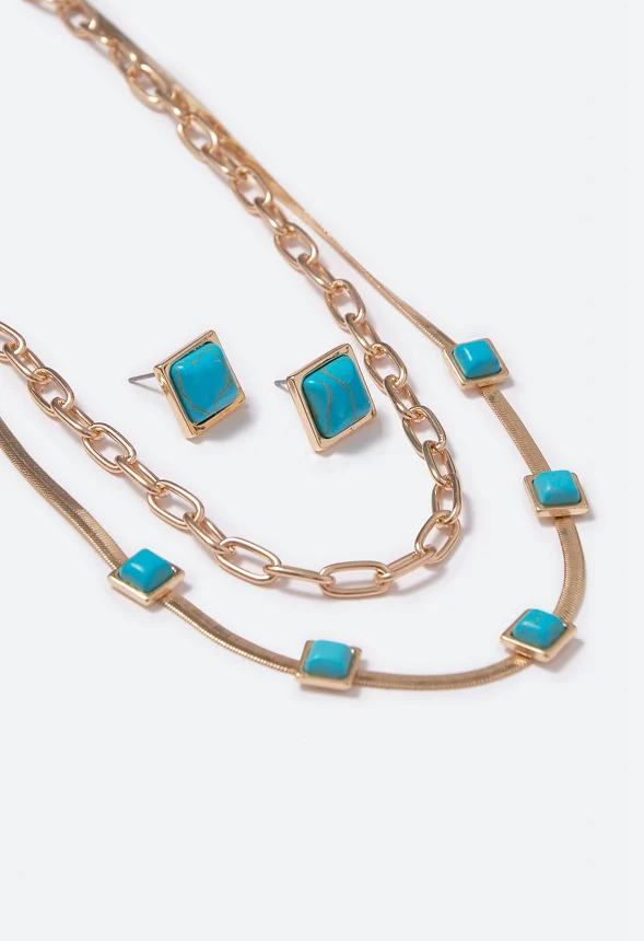 Elena Turquoise Flat Chain Necklace Set - Image 3