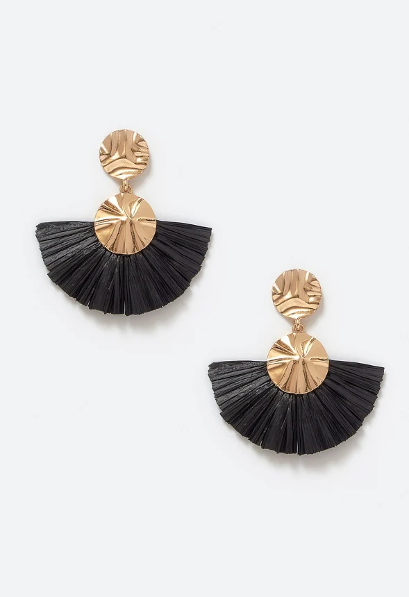 Elia Hammered Metal Disc And Raffia Fringe Drop Earrings