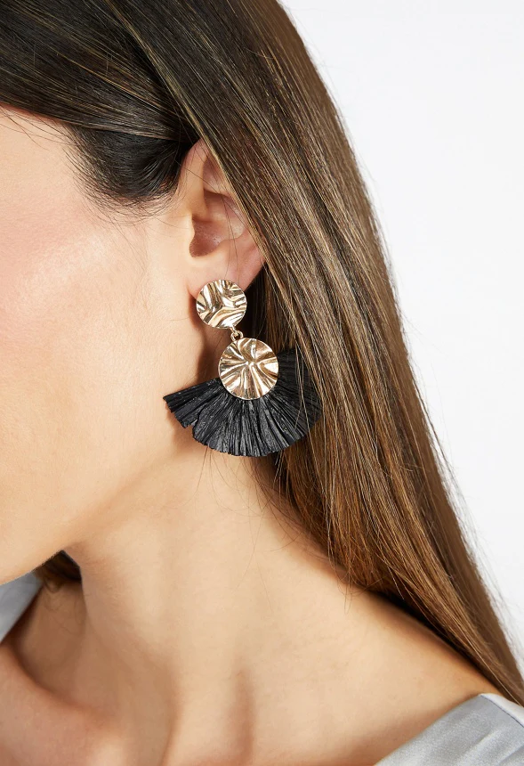 Elia Hammered Metal Disc And Raffia Fringe Drop Earrings - Image 2