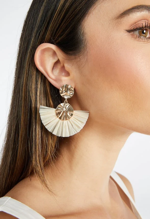 Elia Hammered Metal Disc And Raffia Fringe Drop Earrings