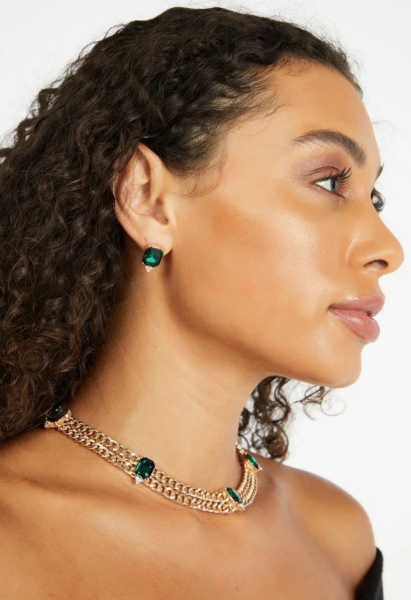 Eliza Emerald Stone Necklace & Stud Earrings Set - Image 2