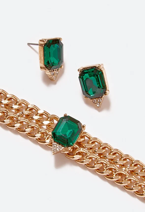 Eliza Emerald Stone Necklace & Stud Earrings Set - Image 3