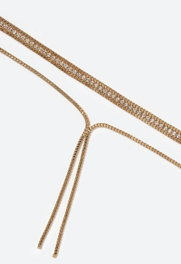 Ella 2 Row Box Chain And Glass Stone Necklace With Y Drop - Image 3