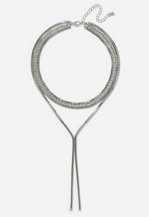 Ella 2 Row Box Chain & Glass Stone Necklace With Y-Drop