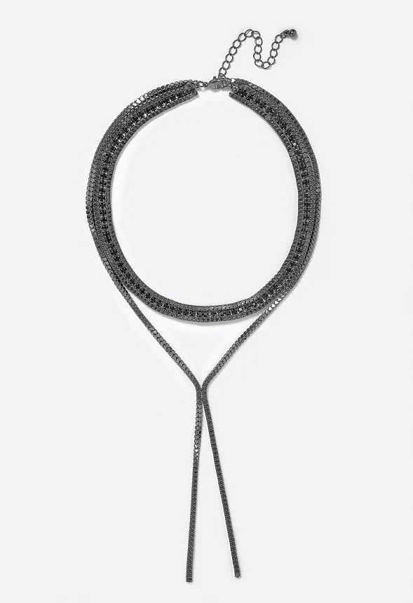 Ella 2 Row Box Chain & Glass Stone Necklace With Y Drop - Image 2