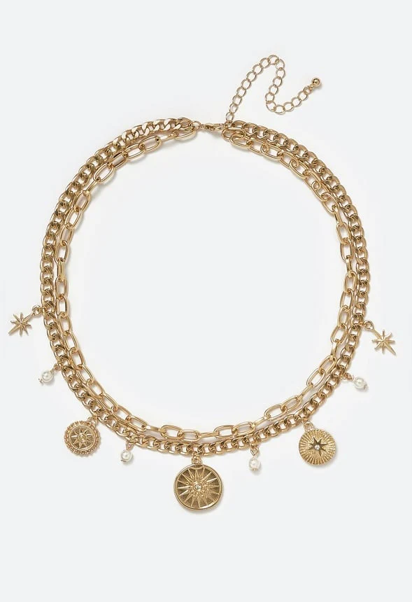 Evie 2 Rows Charm Necklace With Celestial Coins & Glass Pearls - Image 2