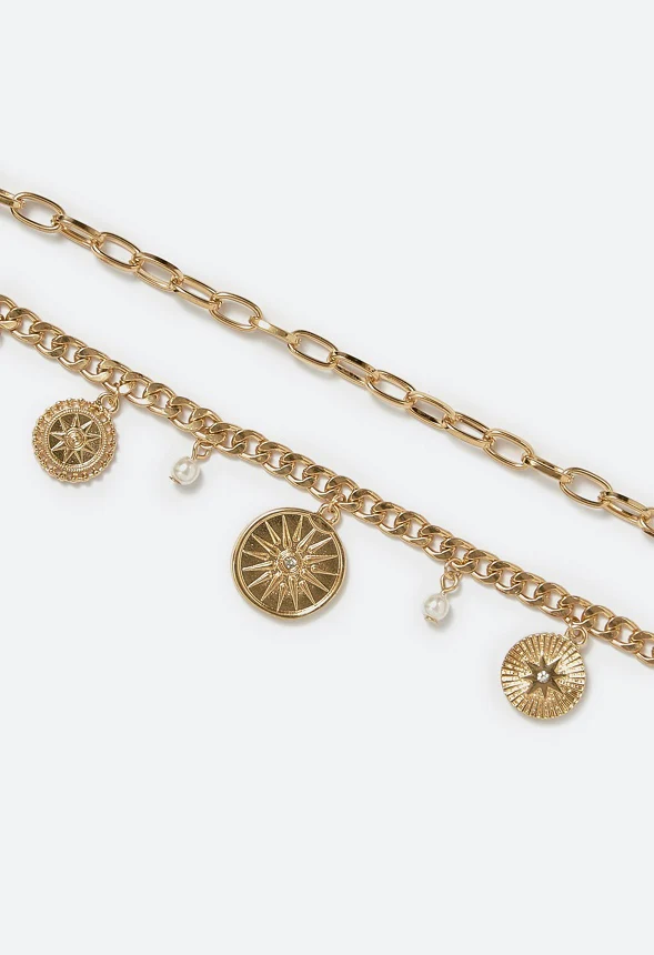 Evie 2 Rows Charm Necklace With Celestial Coins & Glass Pearls - Image 3