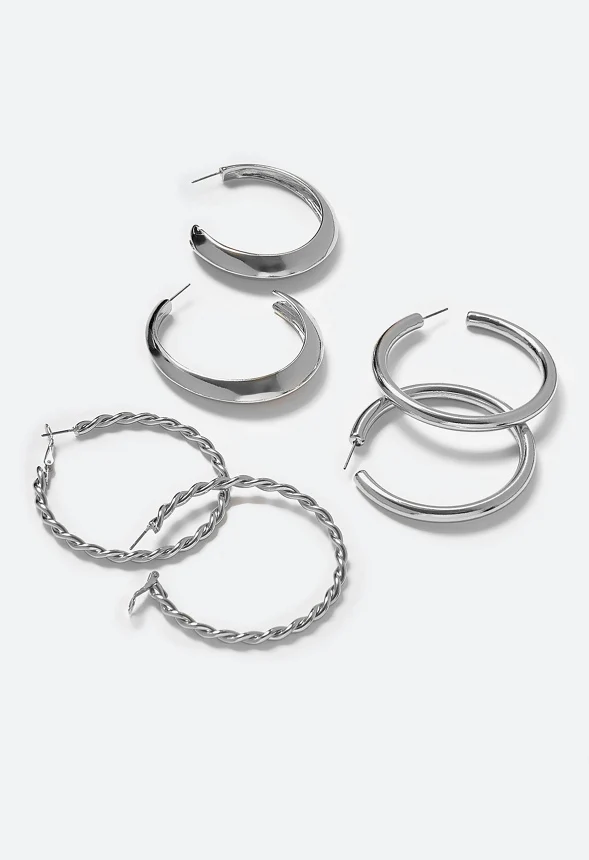 Evie 3 Pairs Smooth And Twist Hoops Earrings - Image 3