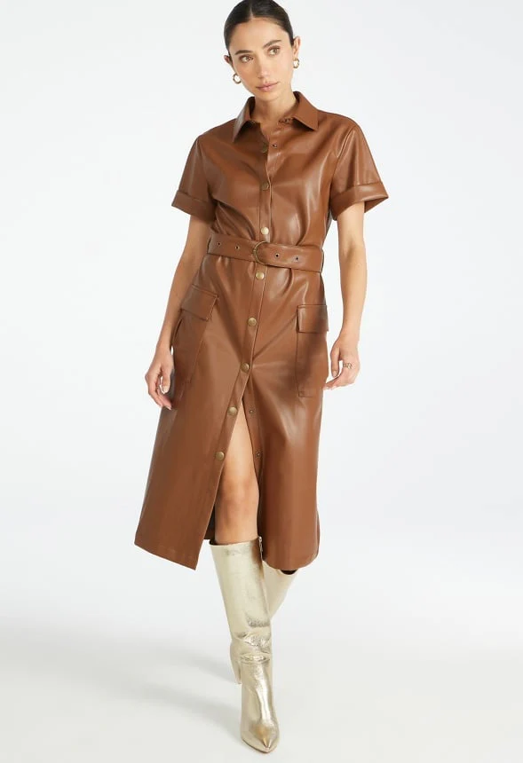 Faux Leather Midi Shirt Dress