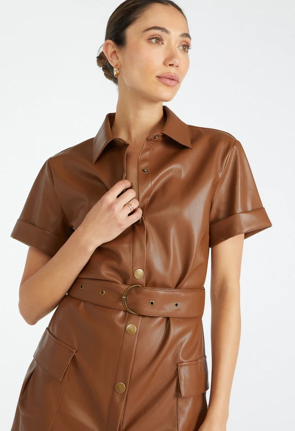 Faux Leather Midi Shirt Dress - Image 2