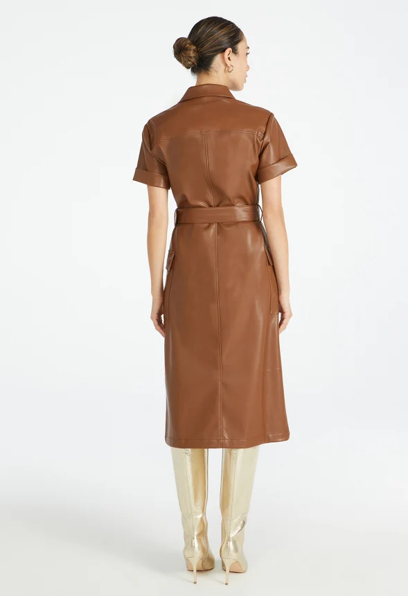 Faux Leather Midi Shirt Dress - Image 3