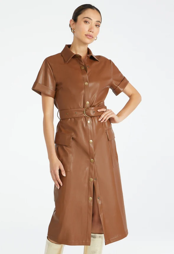 Faux Leather Midi Shirt Dress - Image 4
