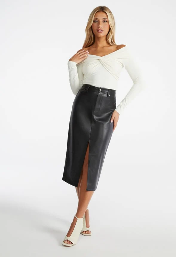 Faux Leather Midi Skirt - Image 4