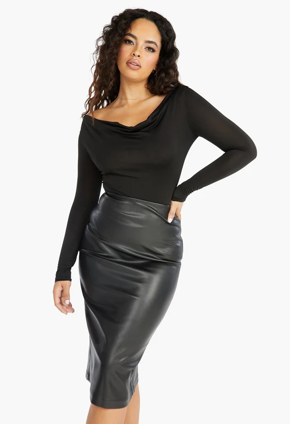 Faux Leather Midi Slit Skirt - Image 3