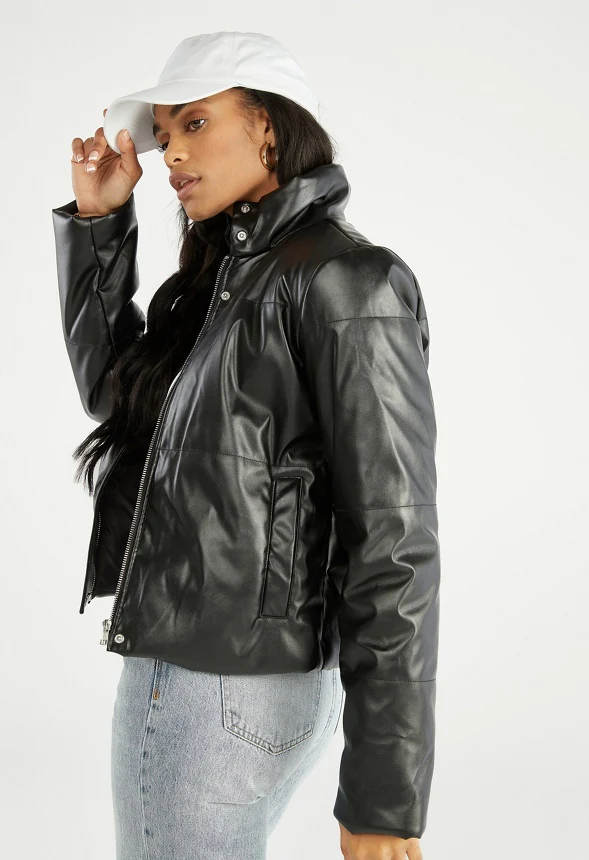 Faux Leather Puffer Jacket - Image 3