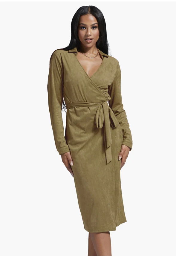 Faux Suede Midi Shirt Dress