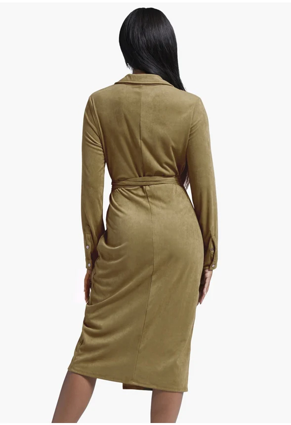 Faux Suede Midi Shirt Dress - Image 2