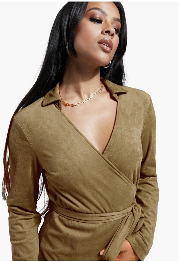 Faux Suede Midi Shirt Dress - Image 3