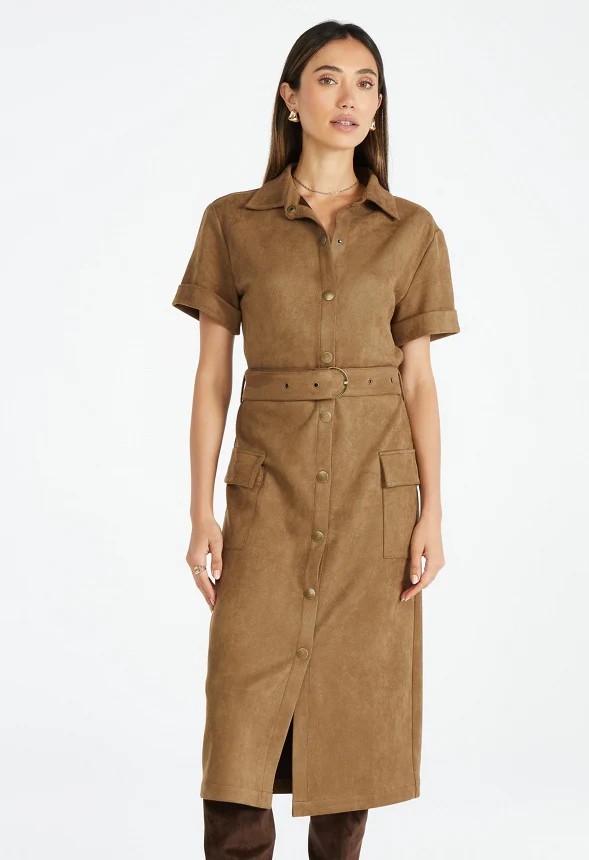 Faux Suede Midi Shirt Dress
