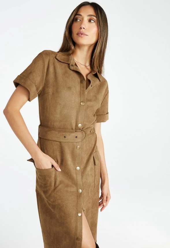 Faux Suede Midi Shirt Dress - Image 4