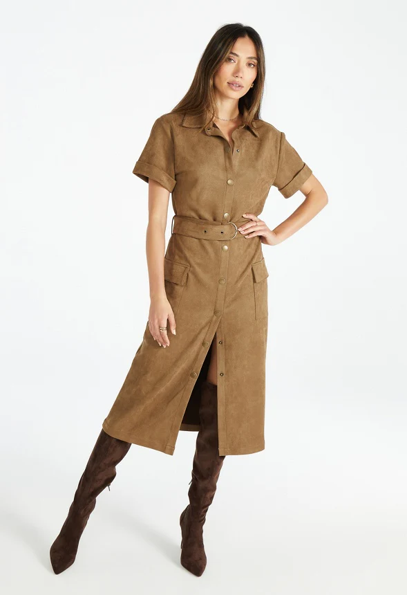 Faux Suede Midi Shirt Dress - Image 6