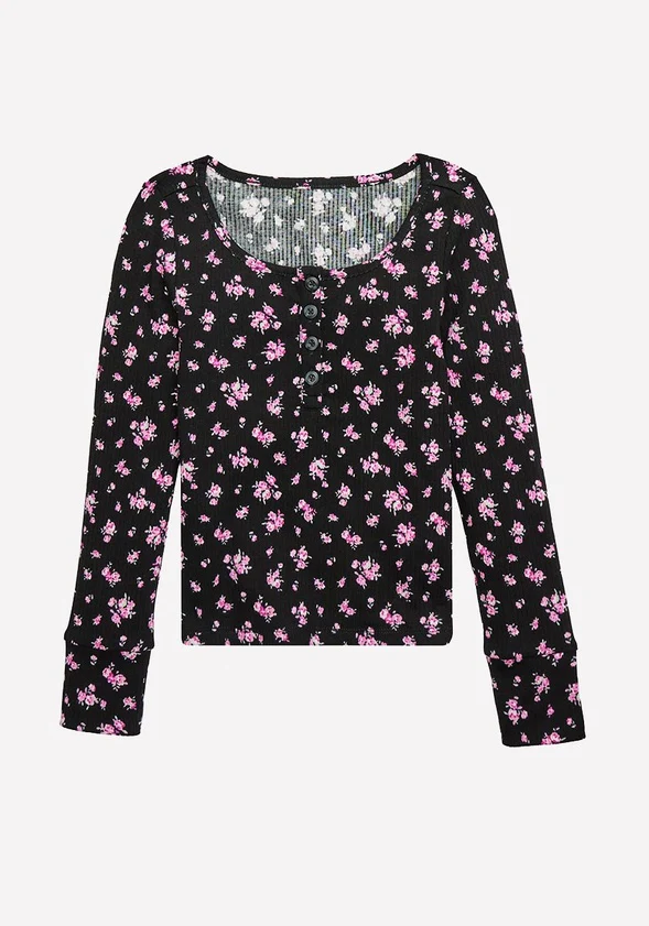 Floral Henley Ribbed Top - Image 2