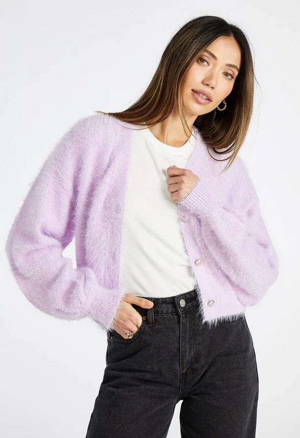 Fuzzy Blouson Sleeve Cardigan