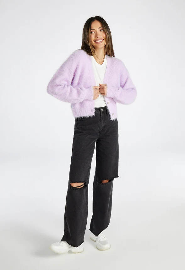 Fuzzy Blouson Sleeve Cardigan - Image 2