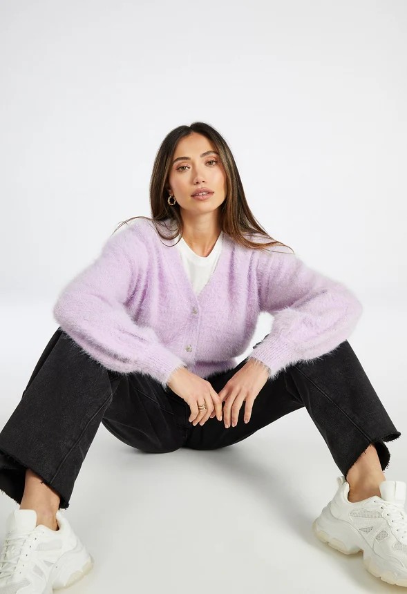 Fuzzy Blouson Sleeve Cardigan - Image 5