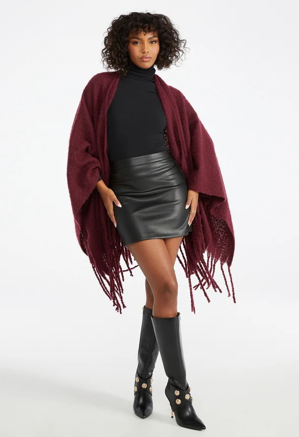 Fuzzy Ruana With Fringe Hem - Image 4