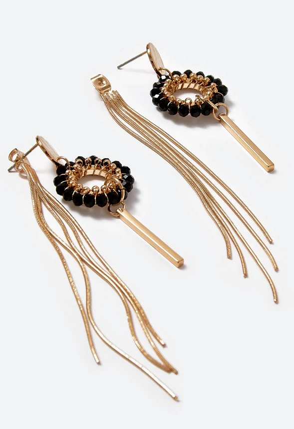 Gia Glass Bead Ring With Long Chain Fringe Drop Earrings - Image 2
