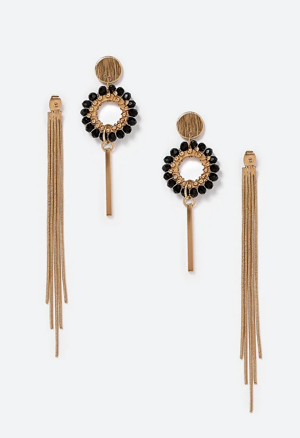 Gia Glass Bead Ring With Long Chain Fringe Drop Earrings - Image 3