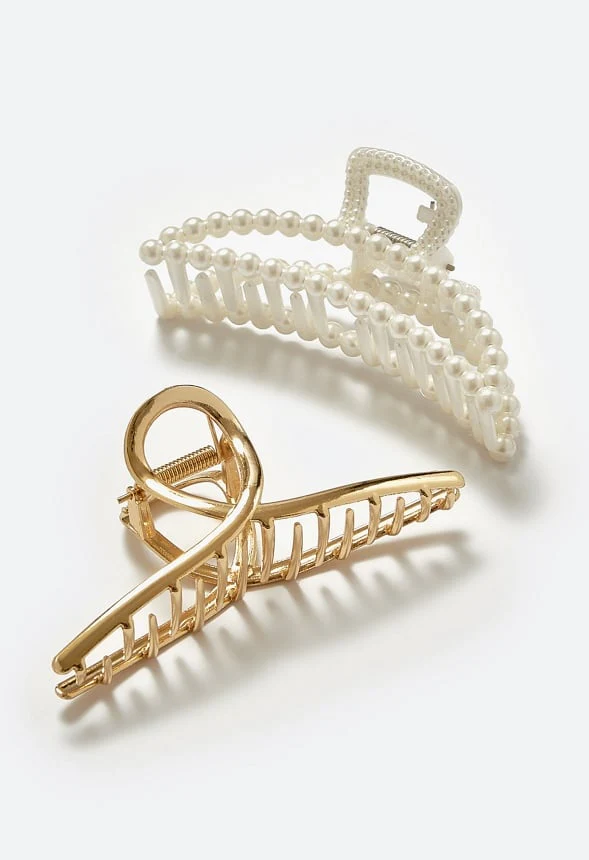Gina 2 Pack Of Glass Pearl & Smooth Metal Hair Claws - Image 3