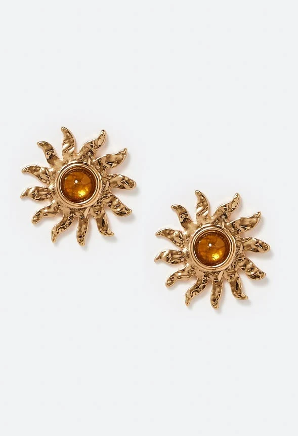 Gina Hammered Metal Sun Stud With Domed Stone Center - Image 2