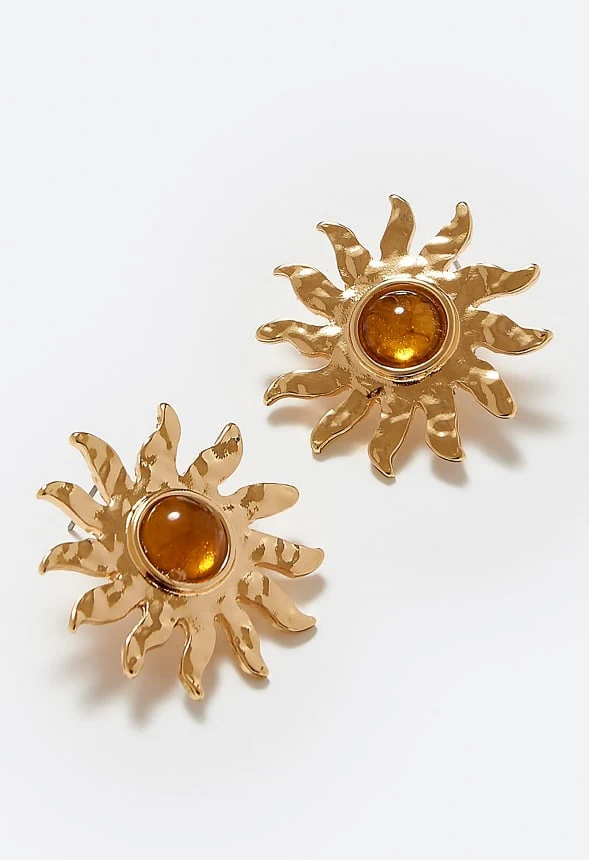 Gina Hammered Metal Sun Stud With Domed Stone Center - Image 3