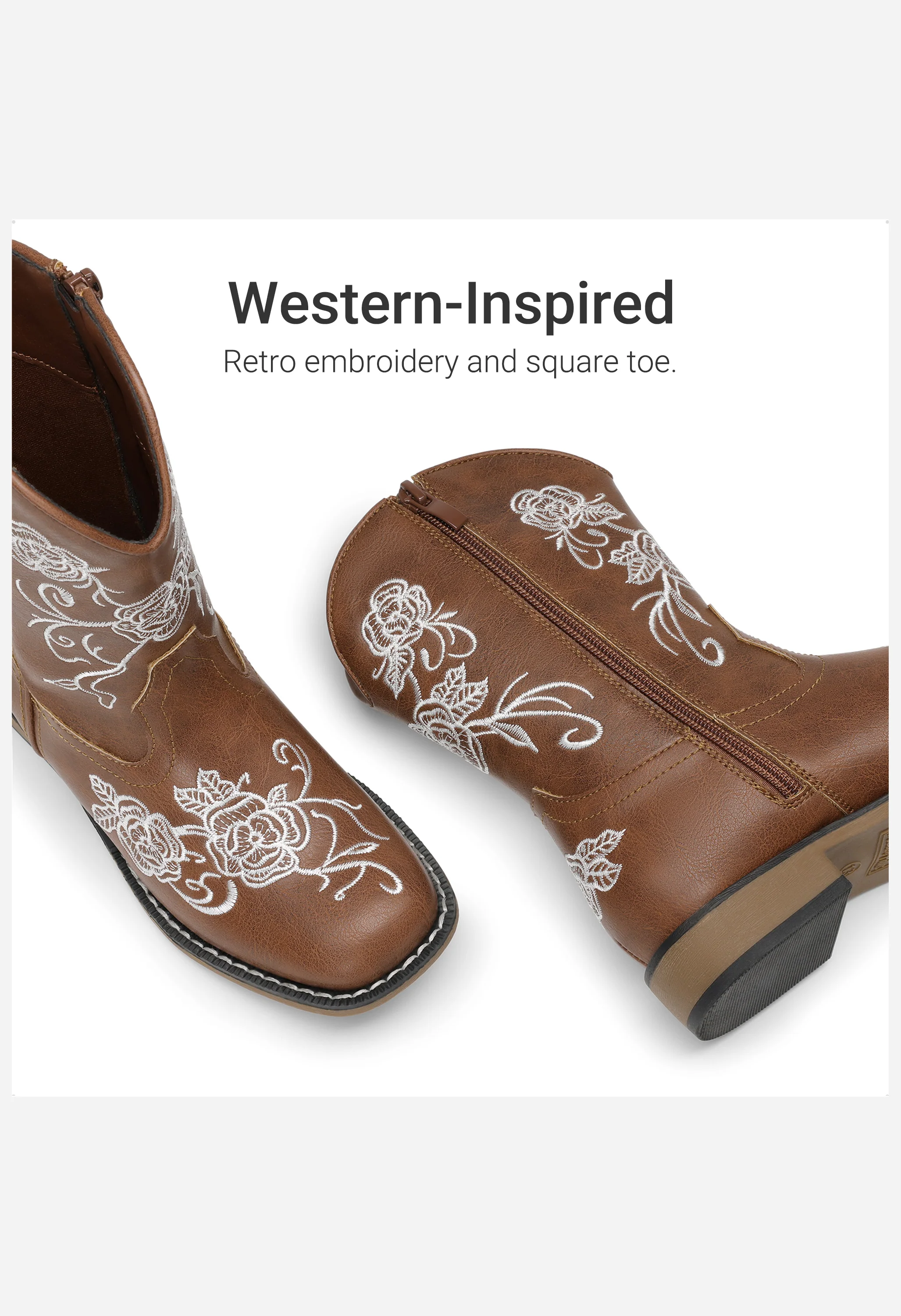 Girls' Floral Embroidered Square Toe Cowgirl Boots - Image 2