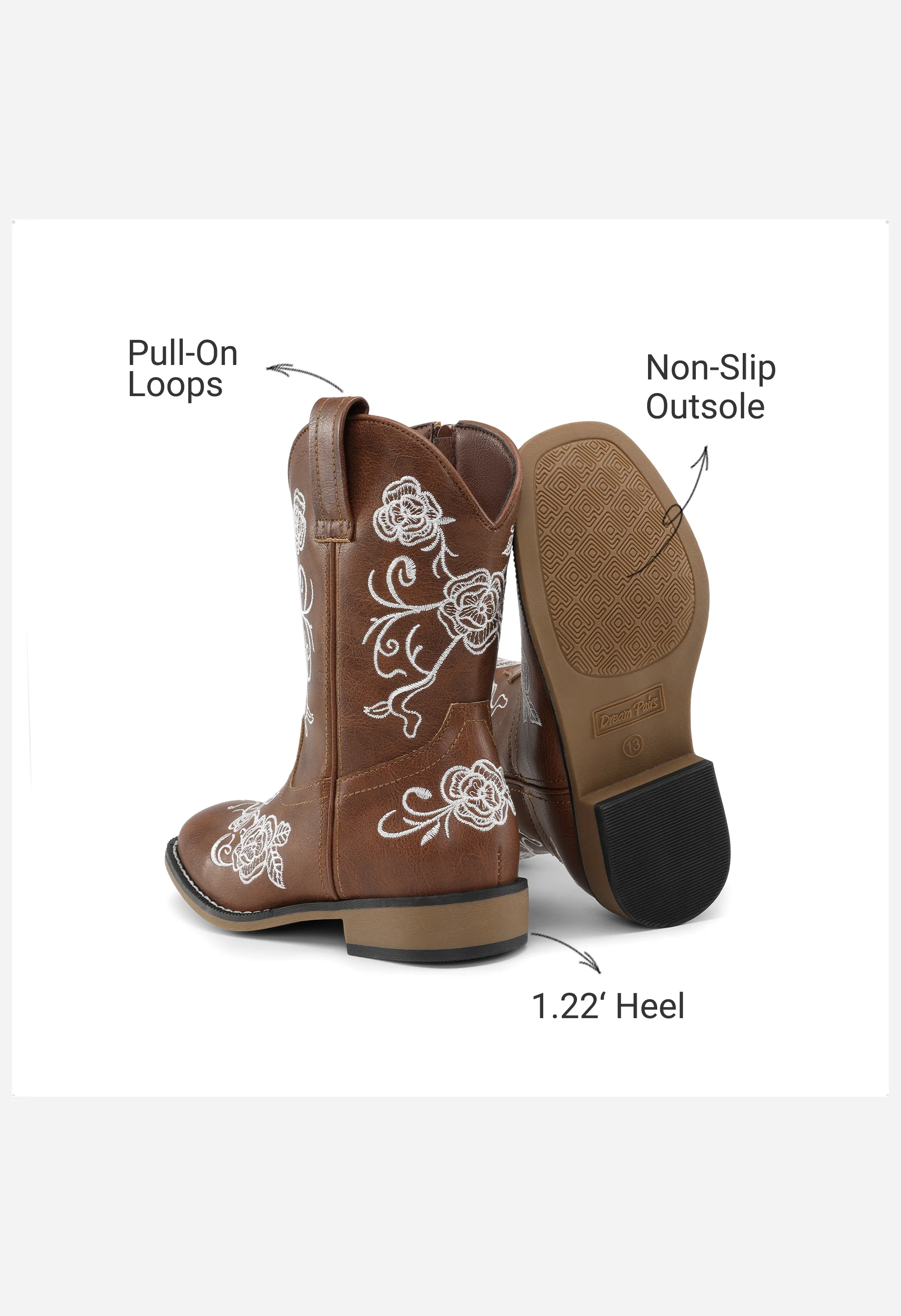 Girls' Floral Embroidered Square Toe Cowgirl Boots - Image 4