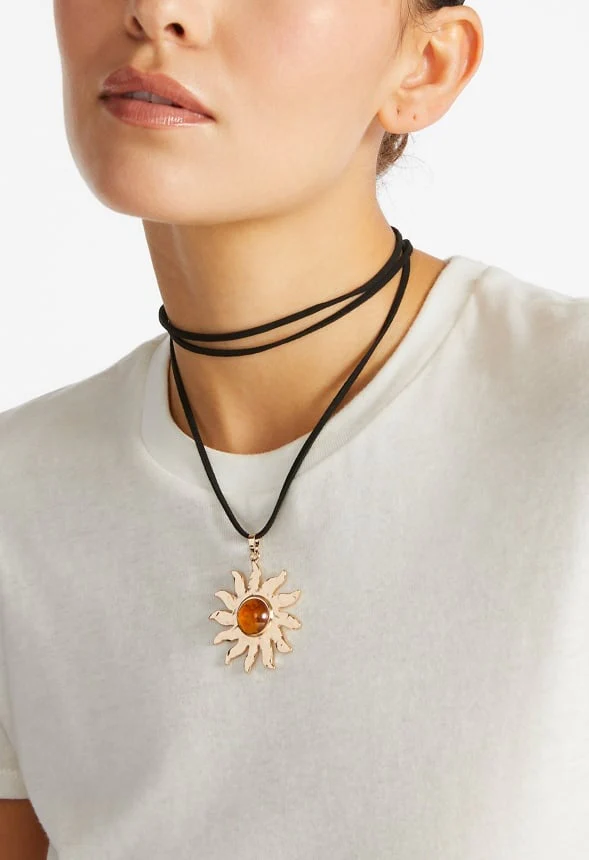 Gracie Suede Cord Necklace With Hammered Metal Sun Drop - Image 2