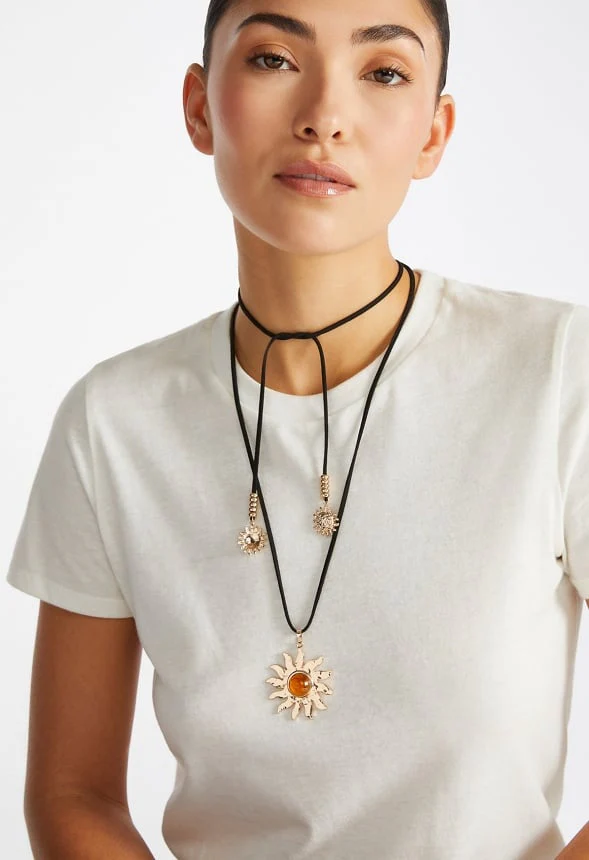 Gracie Suede Cord Necklace With Hammered Metal Sun Drop - Image 4