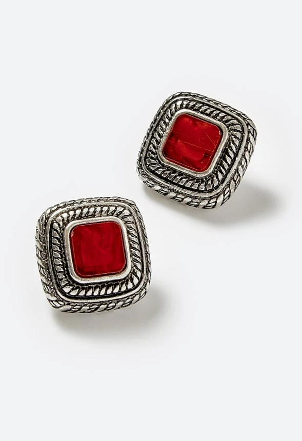 Ivet Square Stone And Ribbed Surround Stud Earrings - Image 3