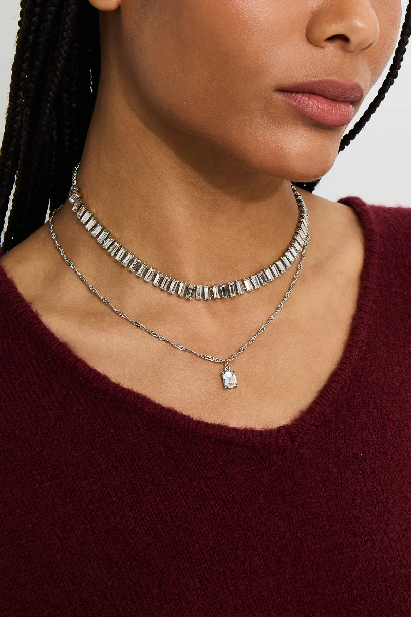 Jess Glass Baguette Stone 2 Row Layered Necklace - Image 3