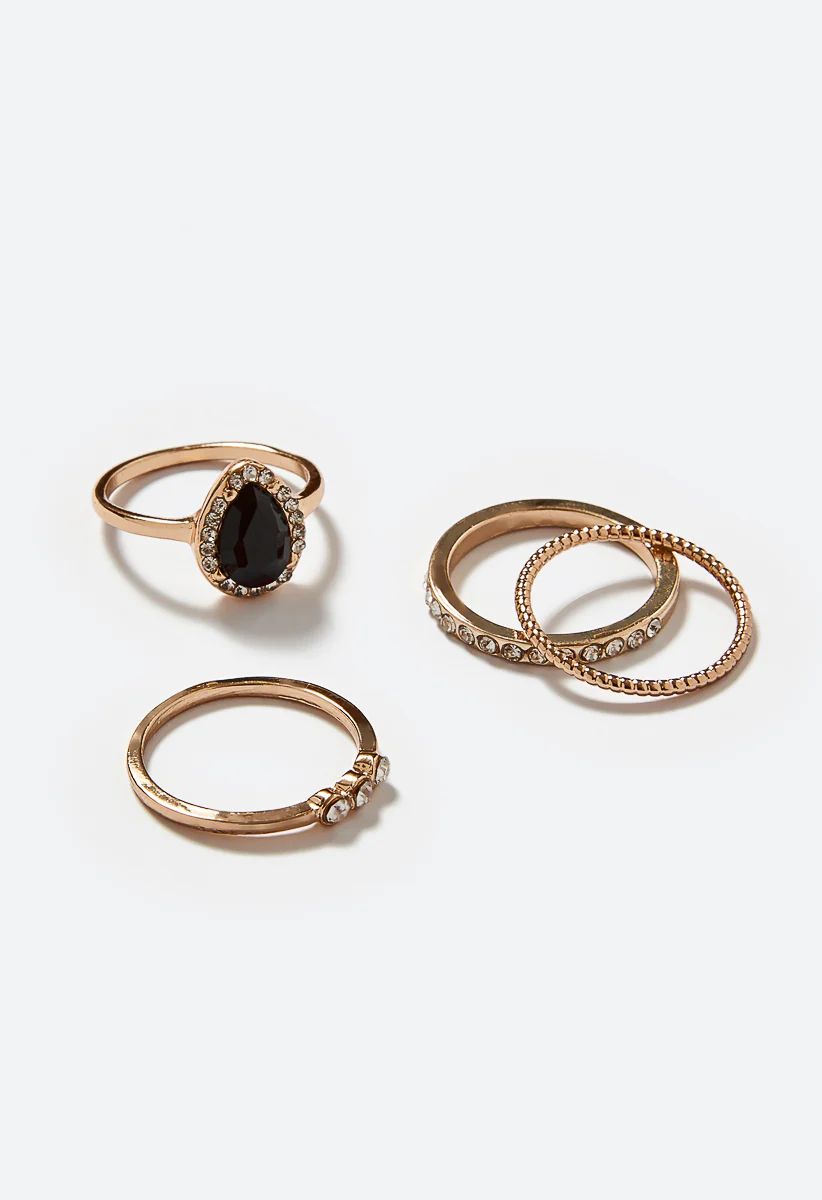 Jet Glass Stone Teardrop Ring Set - Image 4