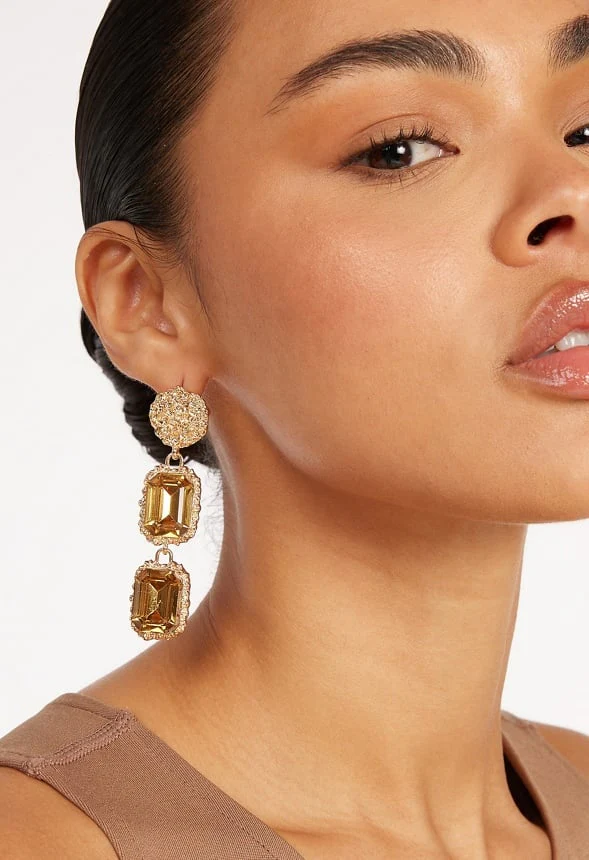 Jia Hammered Metal And Double Stones Drop Earrings - Image 2