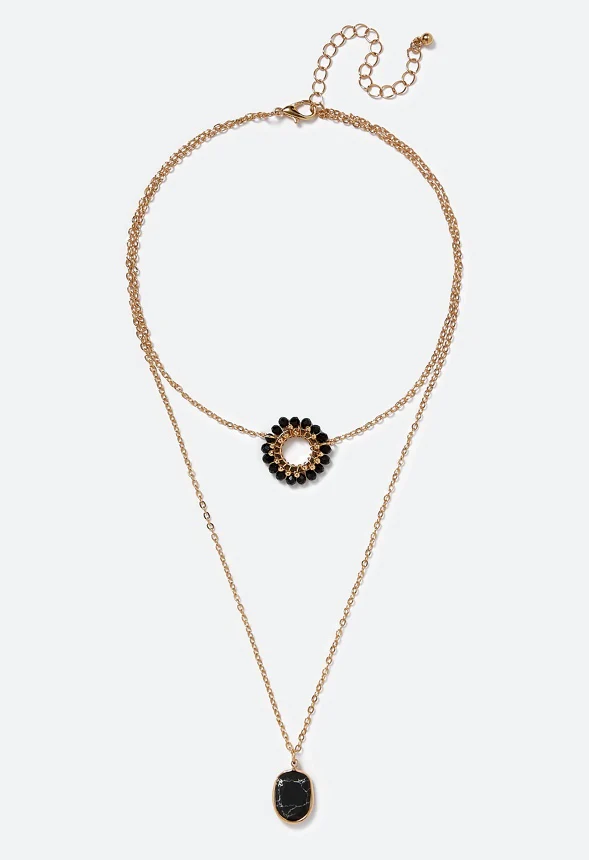 Kali 2 Row Glass Beads Ring With Stone Drop Layer Necklace - Image 2