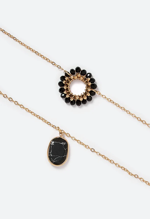 Kali 2 Row Glass Beads Ring With Stone Drop Layer Necklace - Image 3