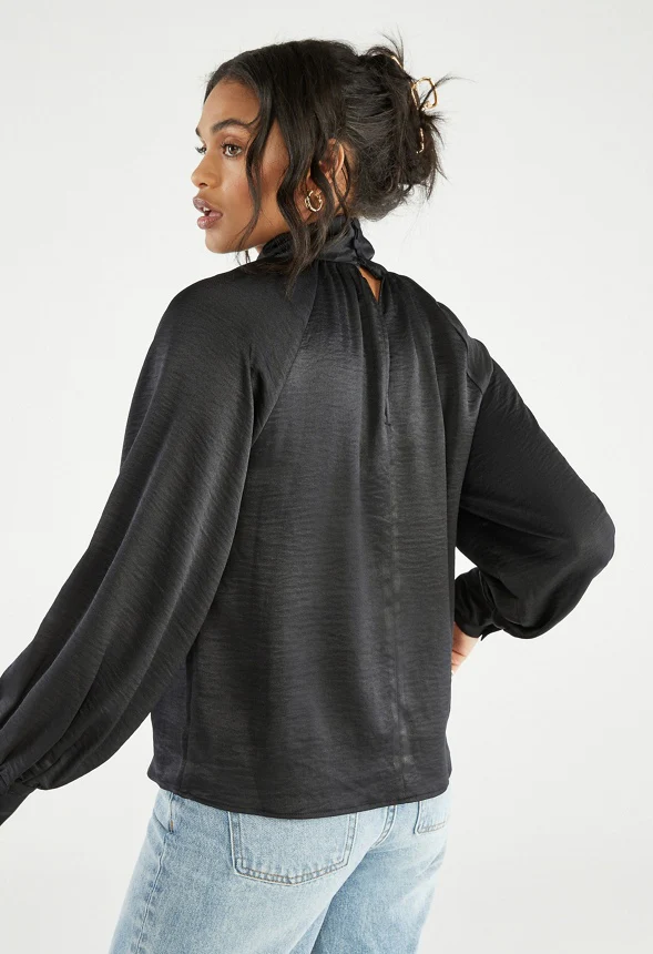 Knotted Collar Satin Blouse - Image 2