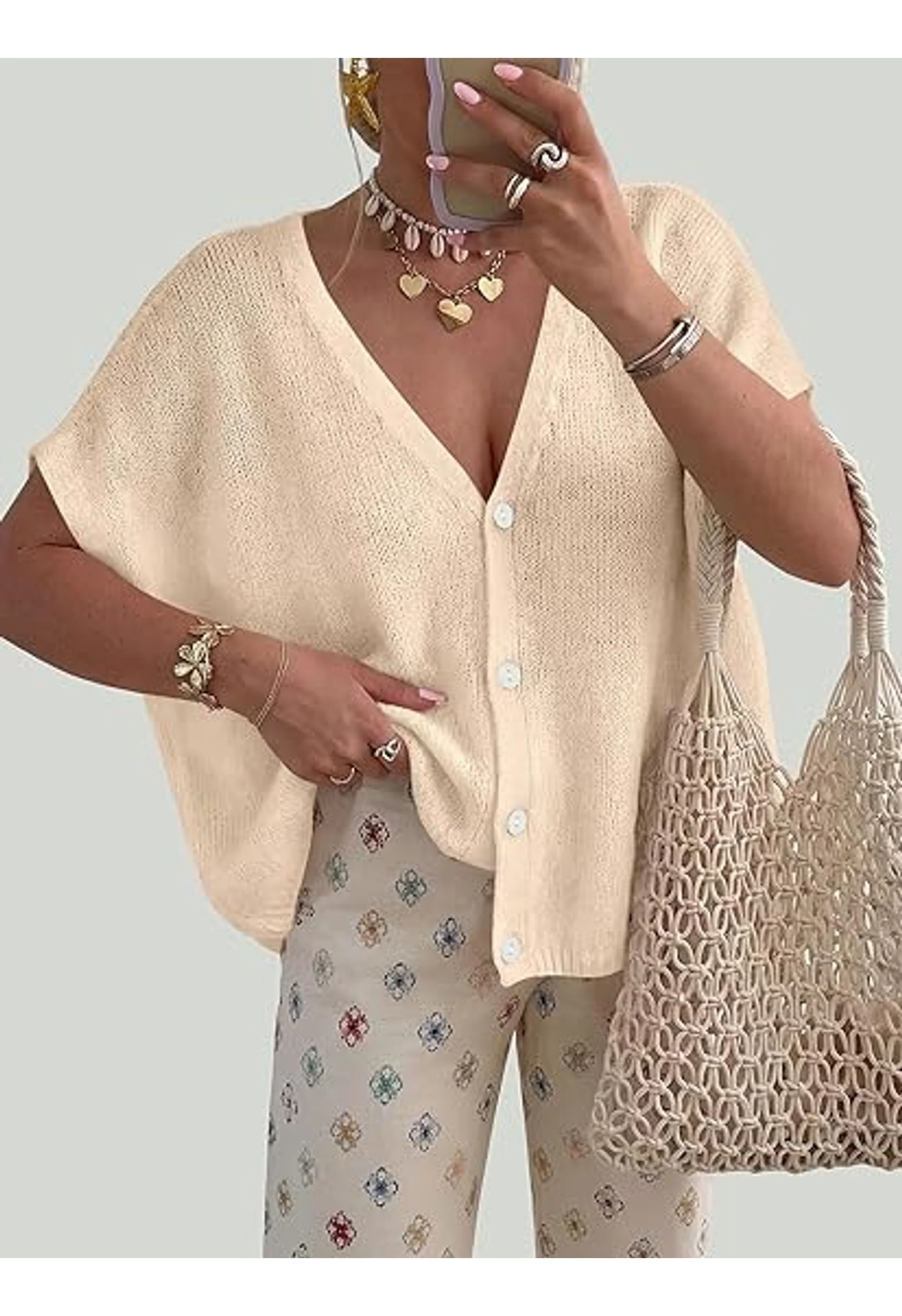 Women Spring Oversized Cardigans Batwing Short Sleeve - Image 2