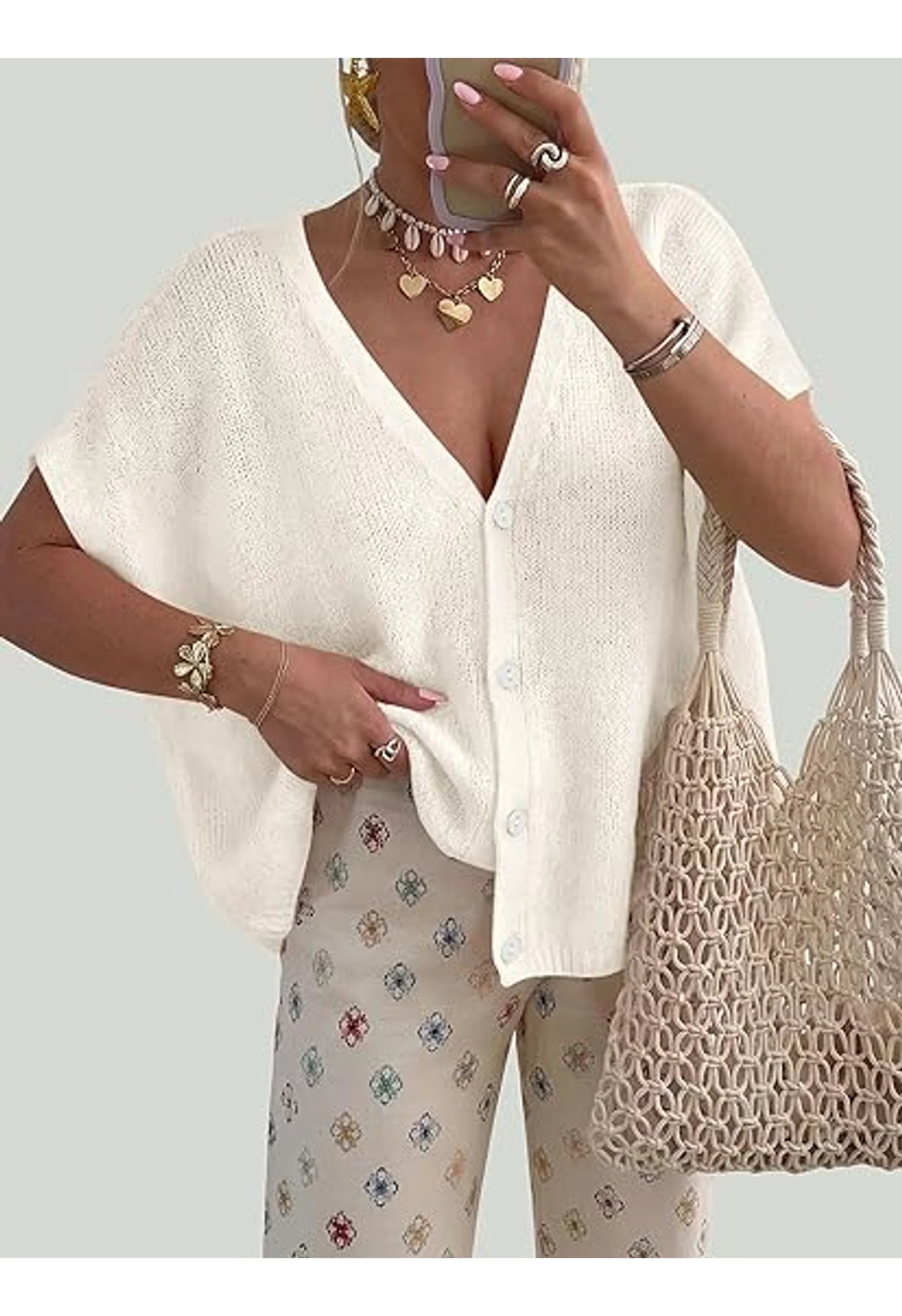 Women Spring Oversized Cardigans Batwing Short Sleeve - Image 2