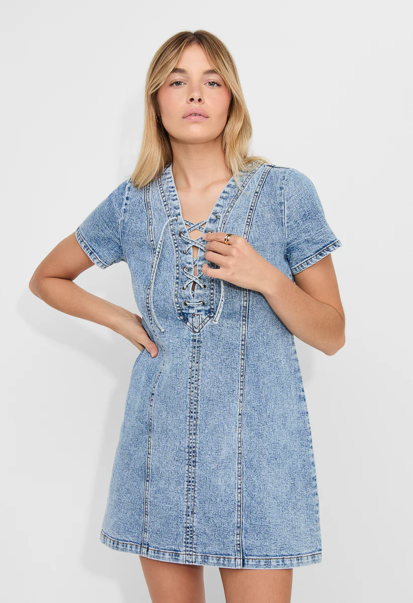 Lace-Up Denim Mini Dress - Image 2
